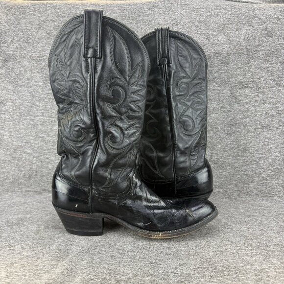 ✅ Mens 9.5D VTG Cowboy Boots Black Leather Almond Toe Embroidered Made In USA - Picture 10 of 11